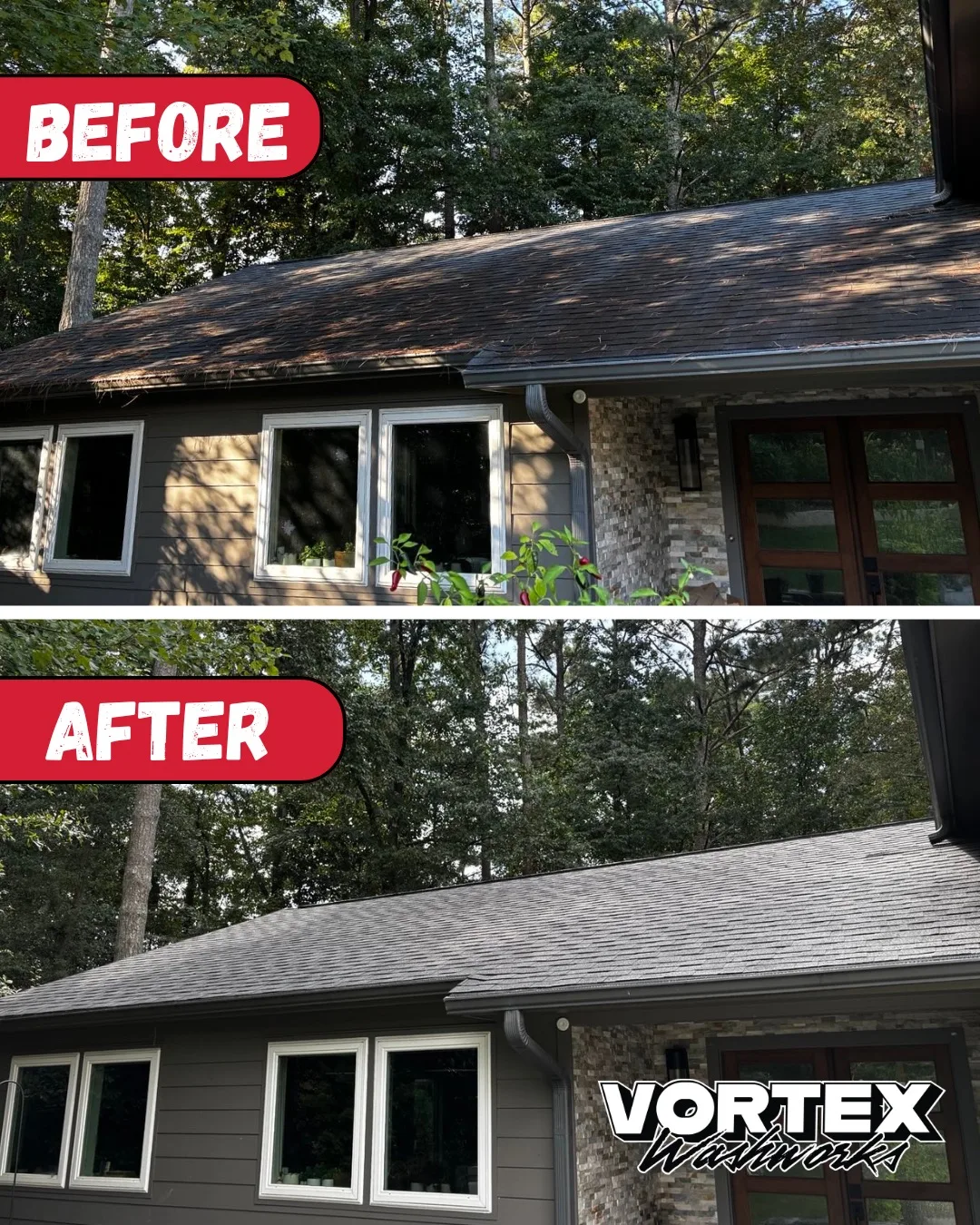 Roof soft washing removing black streaks and algae in Decatur, GA